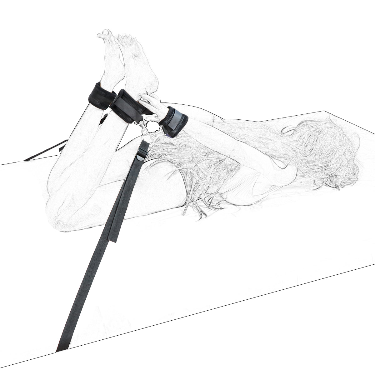 Sketch of a woman demonstrating the under-the-bed restraint system with soft black cuffs and adjustable straps.