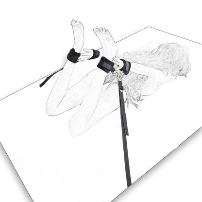 Sketch of a woman demonstrating the under-the-bed restraint system with soft black cuffs and adjustable straps.