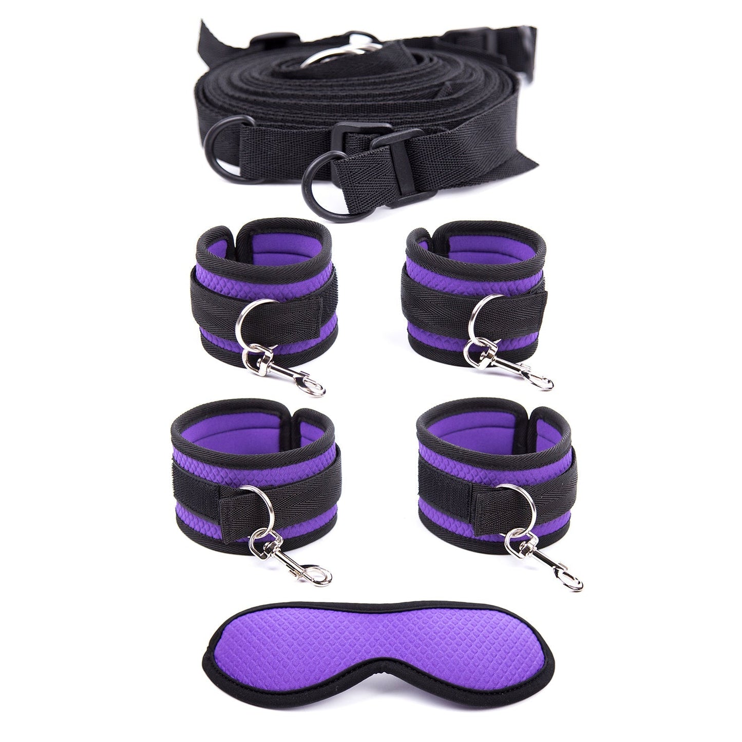 Under-mattress bed restraint system in purple and black with four padded cuffs and a matching textured blindfold.