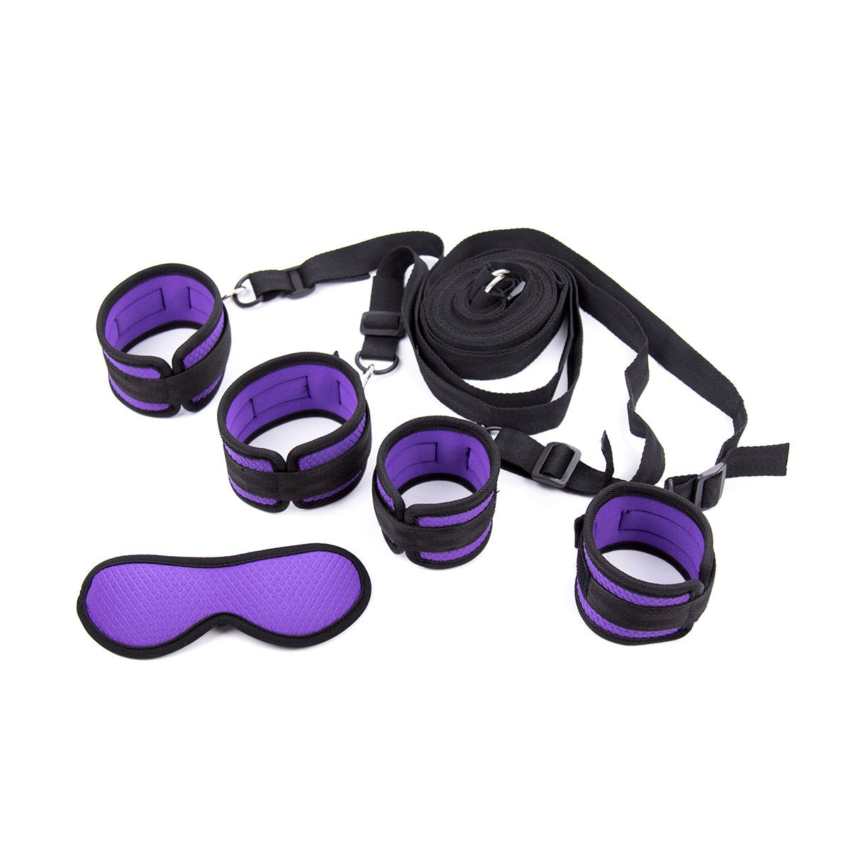 Under-mattress bed restraint system in purple and black with four padded cuffs and a matching textured blindfold.