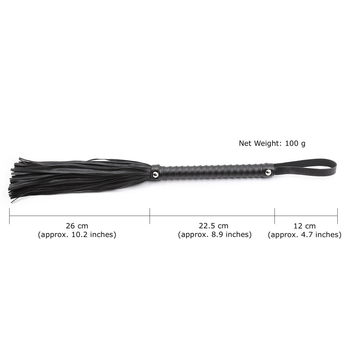 Black faux leather bondage whip with ribbed handle and wrist strap with measurement. 