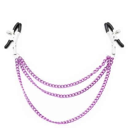 Layered Chain Nipple Clamps - Adjustable Fetish Jewelry in Purple & Black - Peach Secrets