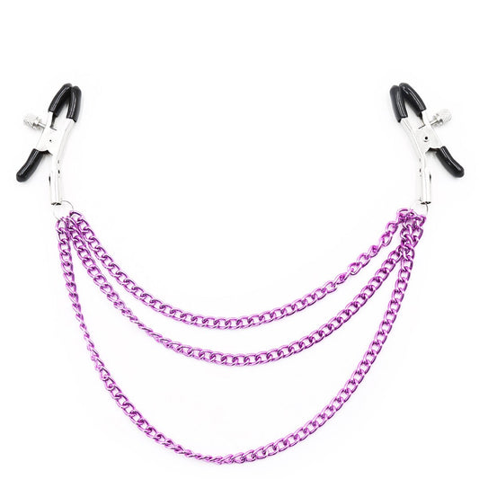 Layered Chain Nipple Clamps - Adjustable Fetish Jewelry in Purple & Black - Peach Secrets