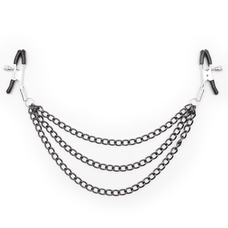 Layered chain nipple clamps in black with rubber tips and adjustable tension.