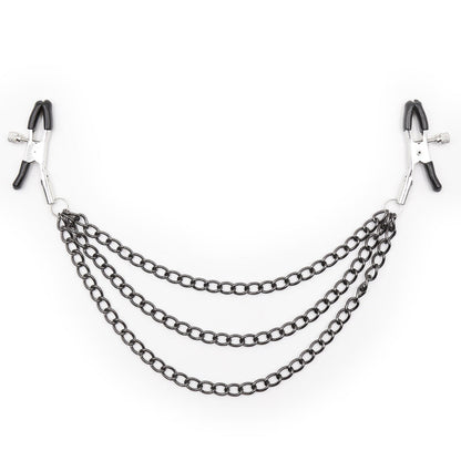 Layered chain nipple clamps in black with rubber tips and adjustable tension.