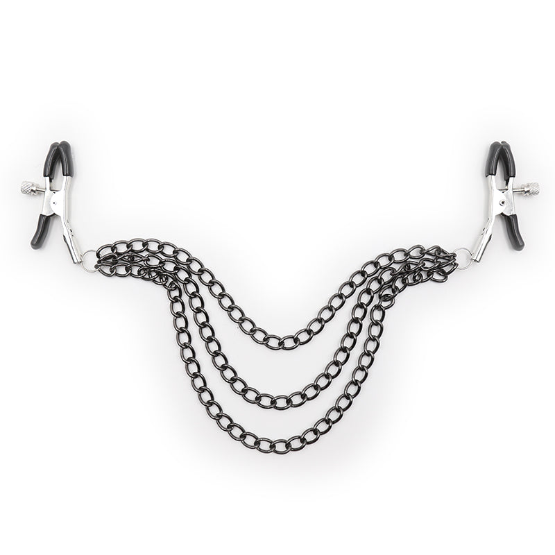 Layered chain nipple clamps in black with rubber tips and adjustable tension.