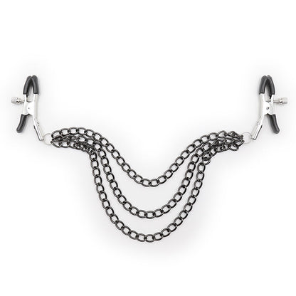 Layered chain nipple clamps in black with rubber tips and adjustable tension.