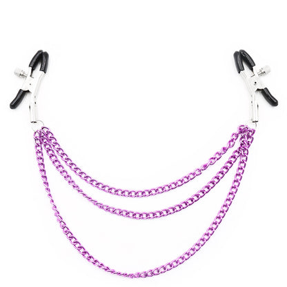 Layered chain nipple clamps in purple with rubber tips and adjustable tension.