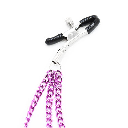 Layered chain nipple clamps in purple with rubber tips and adjustable tension.