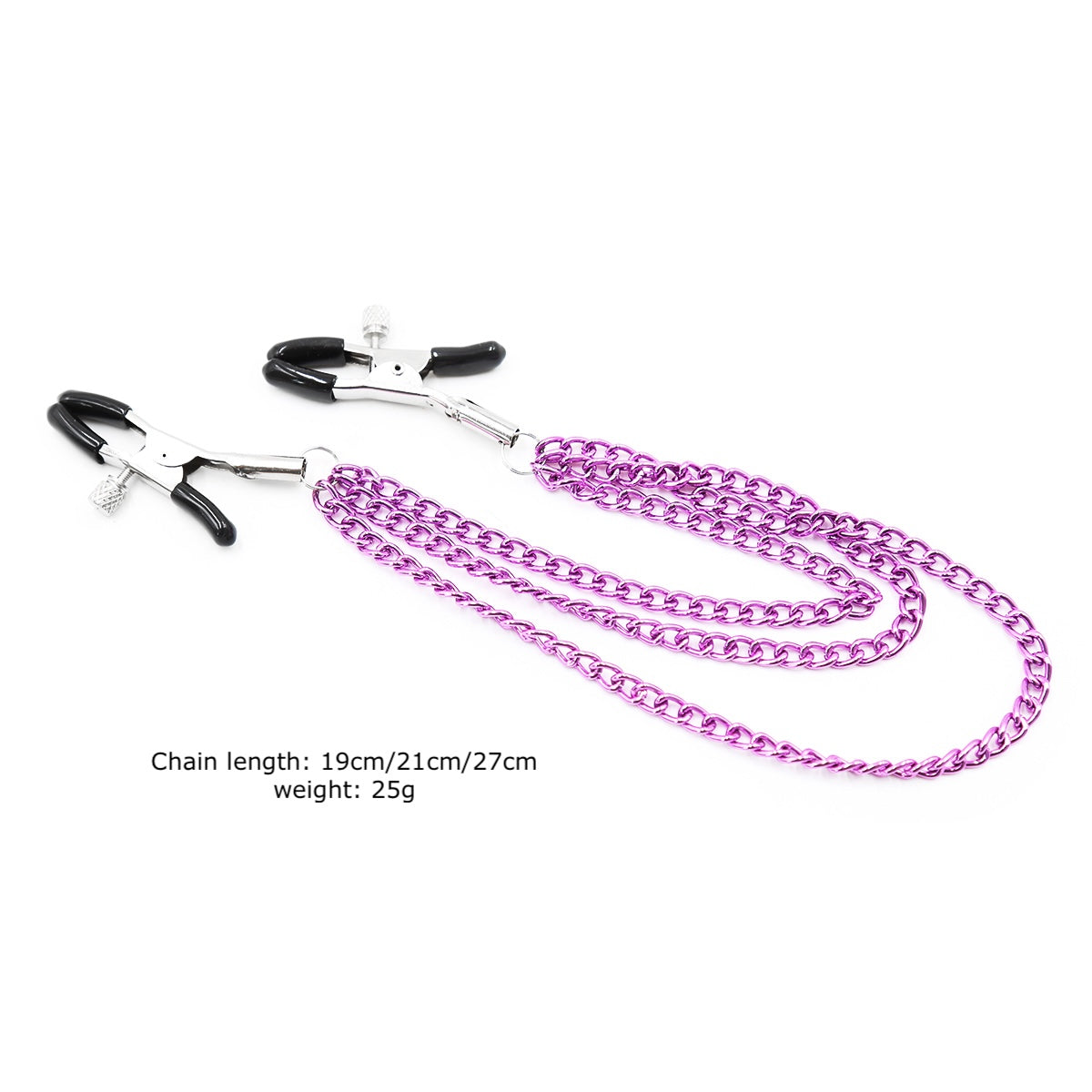 Layered chain nipple clamps in purple with rubber tips and adjustable tension with measurement. 