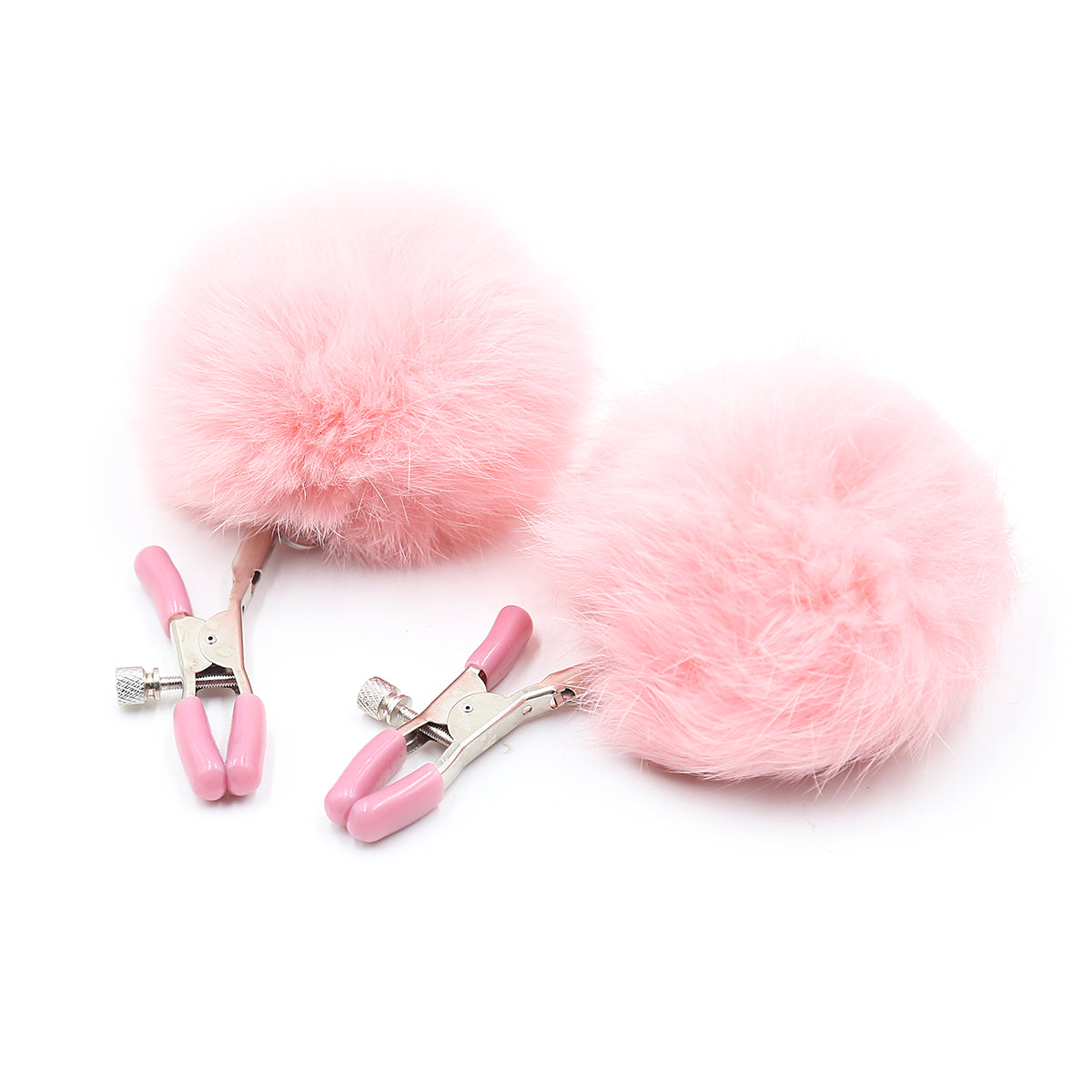 Pom-pom nipple clamps in pink with adjustable tension and rubber-tipped ends. 