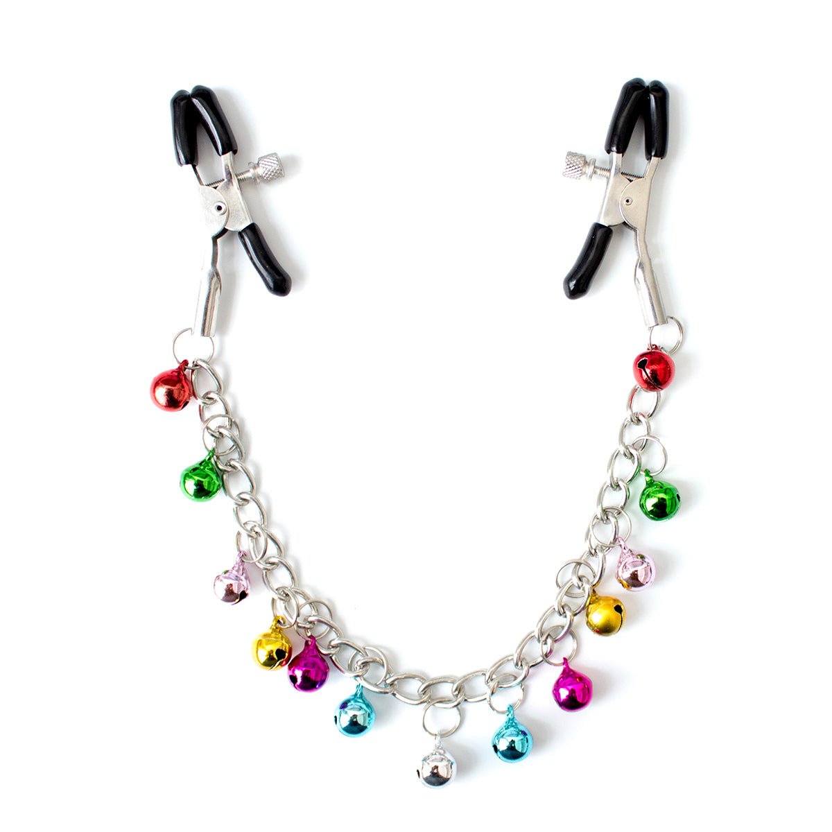 Rainbow Bell Chain Nipple Clamps - Adjustable Fetish Jewelry with Multi - Colored Charms - Peach Secrets