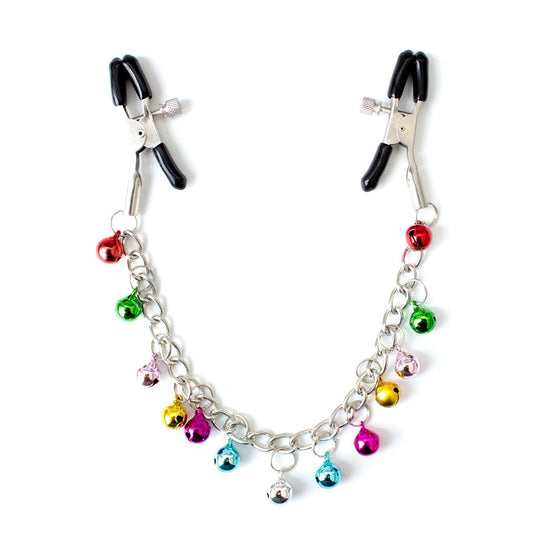 Rainbow Bell Chain Nipple Clamps - Adjustable Fetish Jewelry with Multi - Colored Charms - Peach Secrets