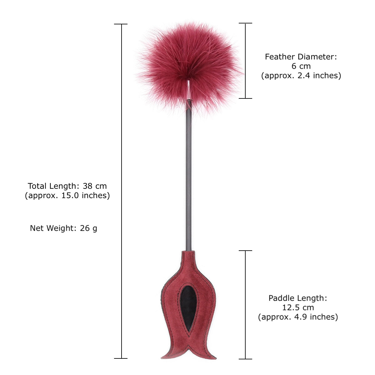 Red feather tickler with faux suede spanking paddle and with measurement. 