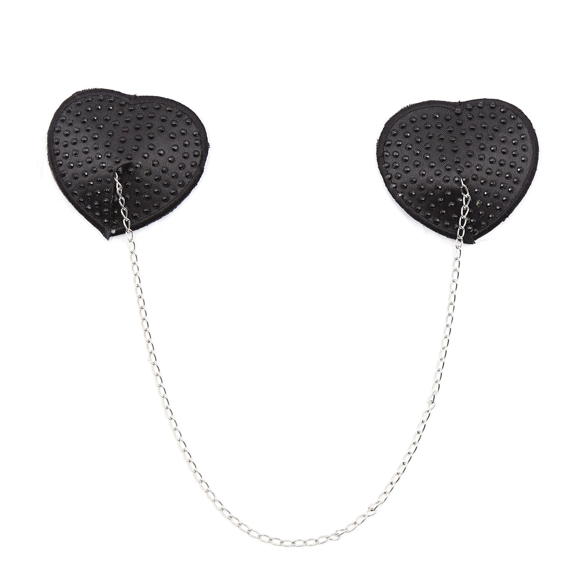 Black heart-shaped rhinestone nipple pasties with connecting chain on a white background. 