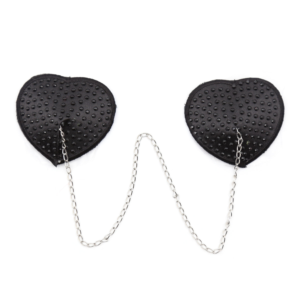 Black heart-shaped rhinestone nipple pasties with connecting chain on a white background. 