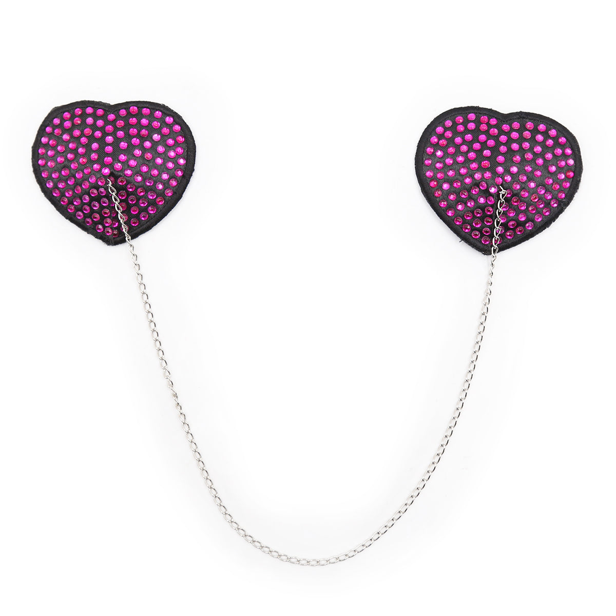 Pink heart-shaped rhinestone nipple pasties with connecting chain on a white background. 