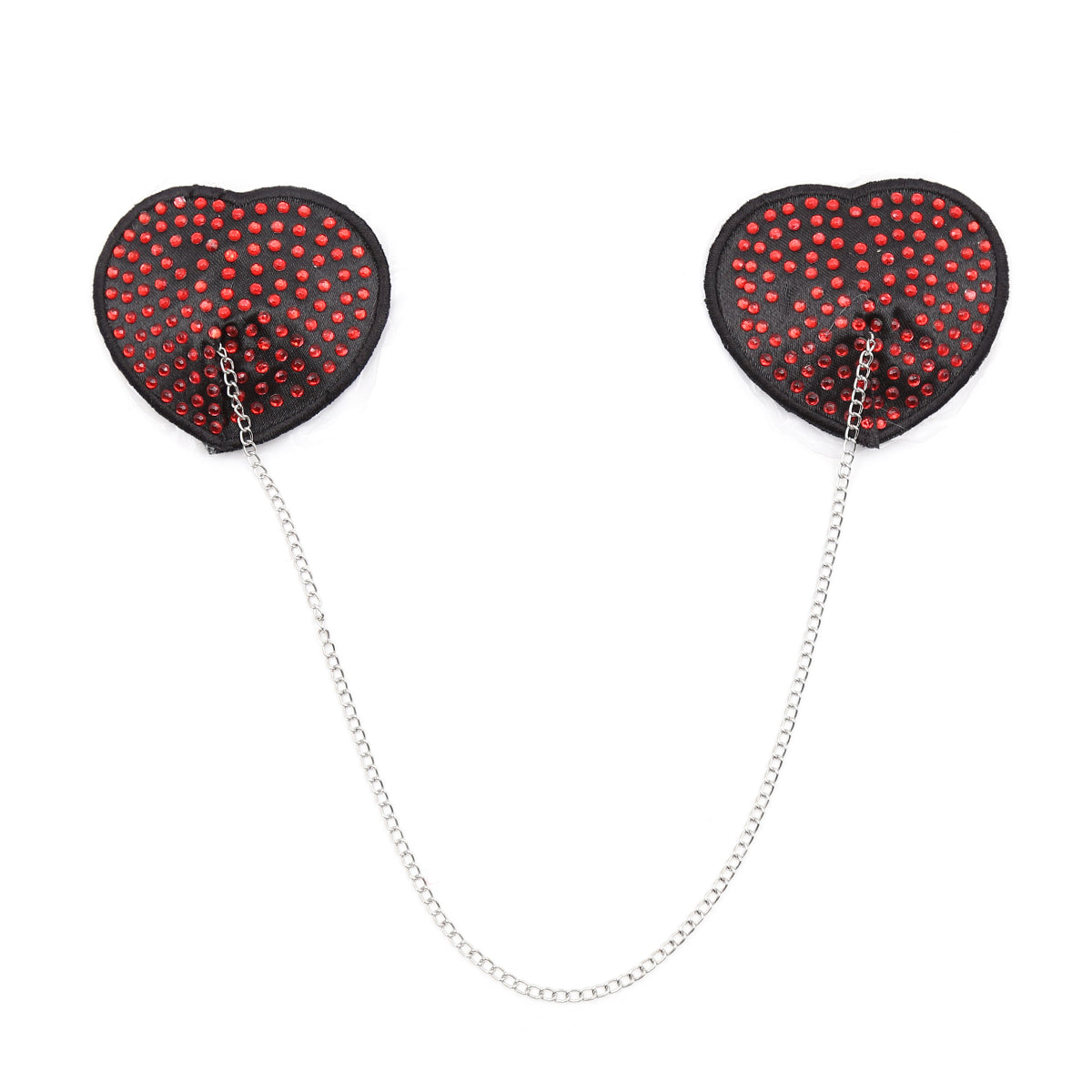 Red heart-shaped rhinestone nipple pasties with connecting chain on a white background. 