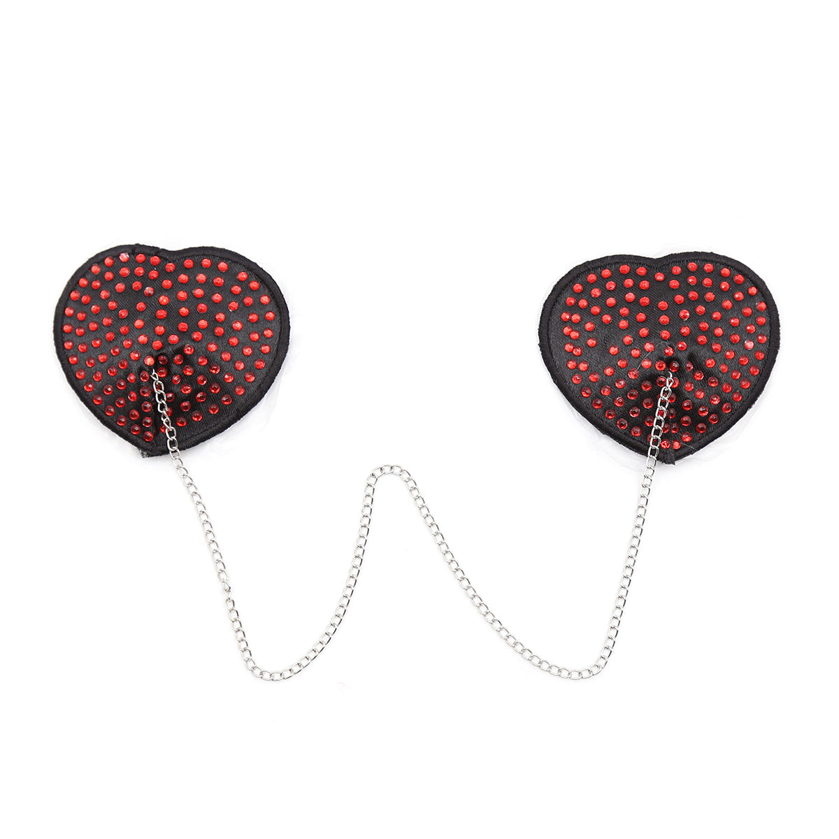 Red heart-shaped rhinestone nipple pasties with connecting chain on a white background. 