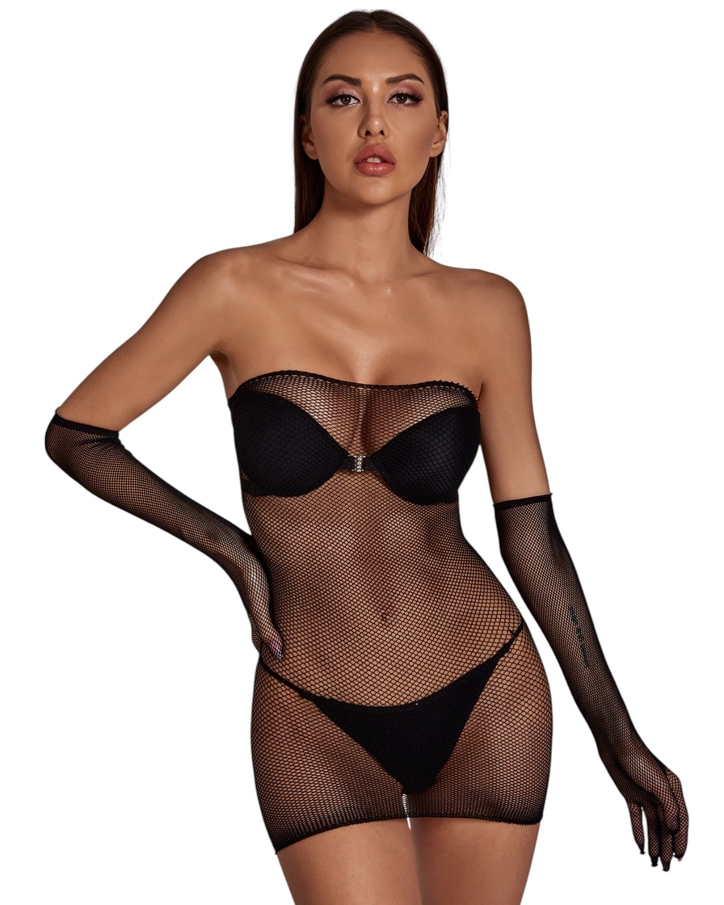 Seductive Shadows Black Fishnet Tube Dress Set – Sexy Mesh Lingerie with Gloves - Peach Secrets