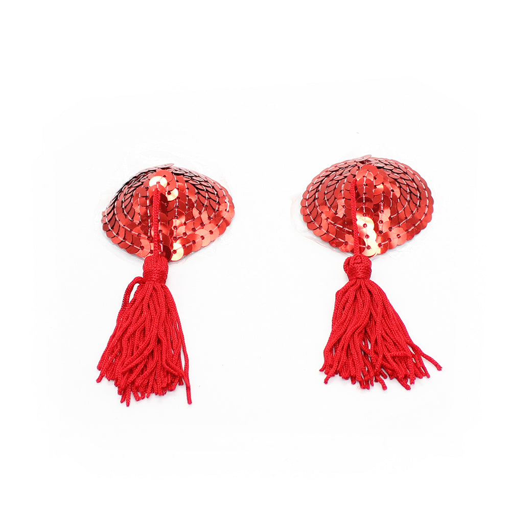 Red sequin nipple pasties with dangling tassels.