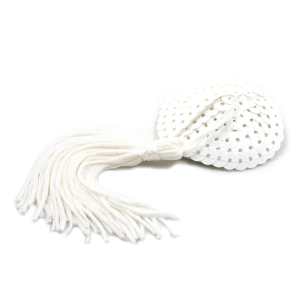 White sequin nipple pastie with dangling tassels.