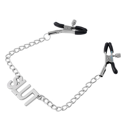 SLUT Chain Nipple Clamps - Adjustable Kinky BDSM Accessory - Peach Secrets