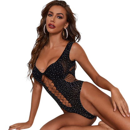 Starlight Seduction Bodysuit – Sexy Black Lingerie with Rhinestone Detail - Peach Secrets