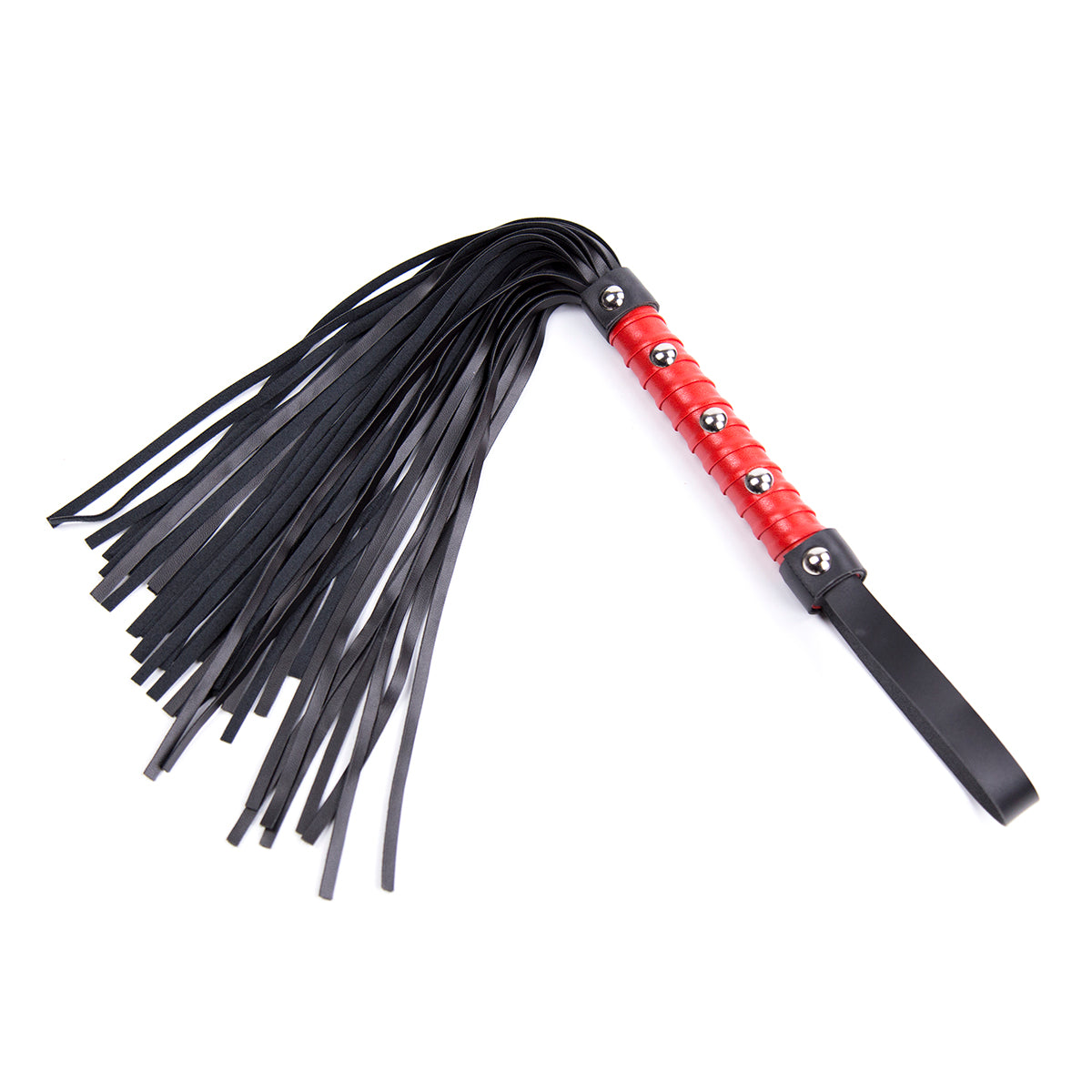Red studded handle flogger with black faux leather tails and wrist loop on white background. 