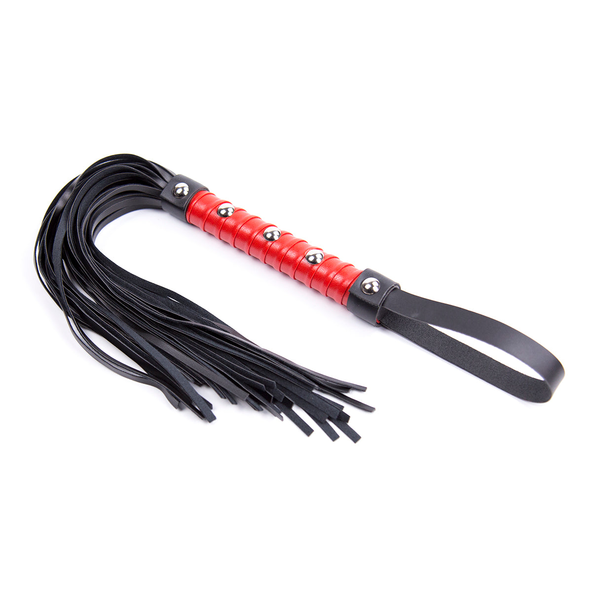 Red studded handle flogger with black faux leather tails and wrist loop on white background. 