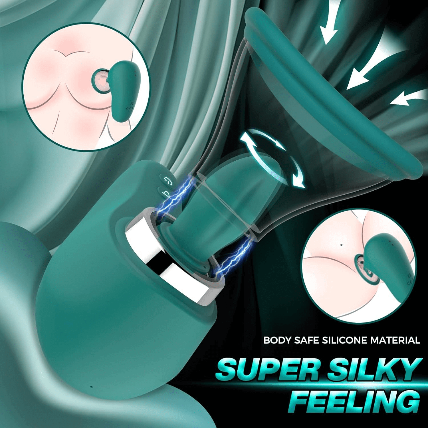 Illustration of a teal silicone product with close-up insets and text about body-safe material and silky feeling.