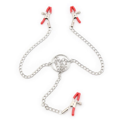 Triple Tease Chain Clamp Set - Nipple and Clit Adjustable Bondage Clamps - Peach Secrets