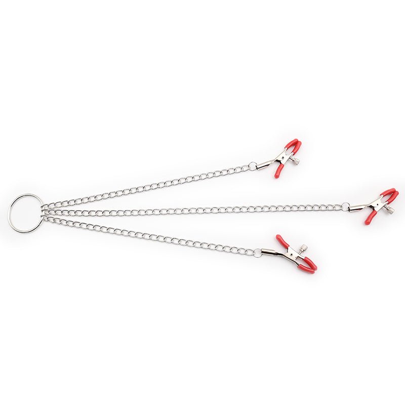 Triple Tease Chain Clamp Set - Nipple and Clit Adjustable Bondage Clamps - Peach Secrets