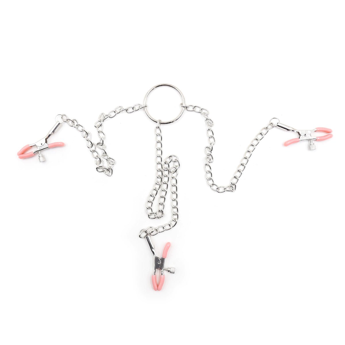 Triple Tease Chain Clamp Set - Nipple and Clit Adjustable Bondage Clamps - Peach Secrets
