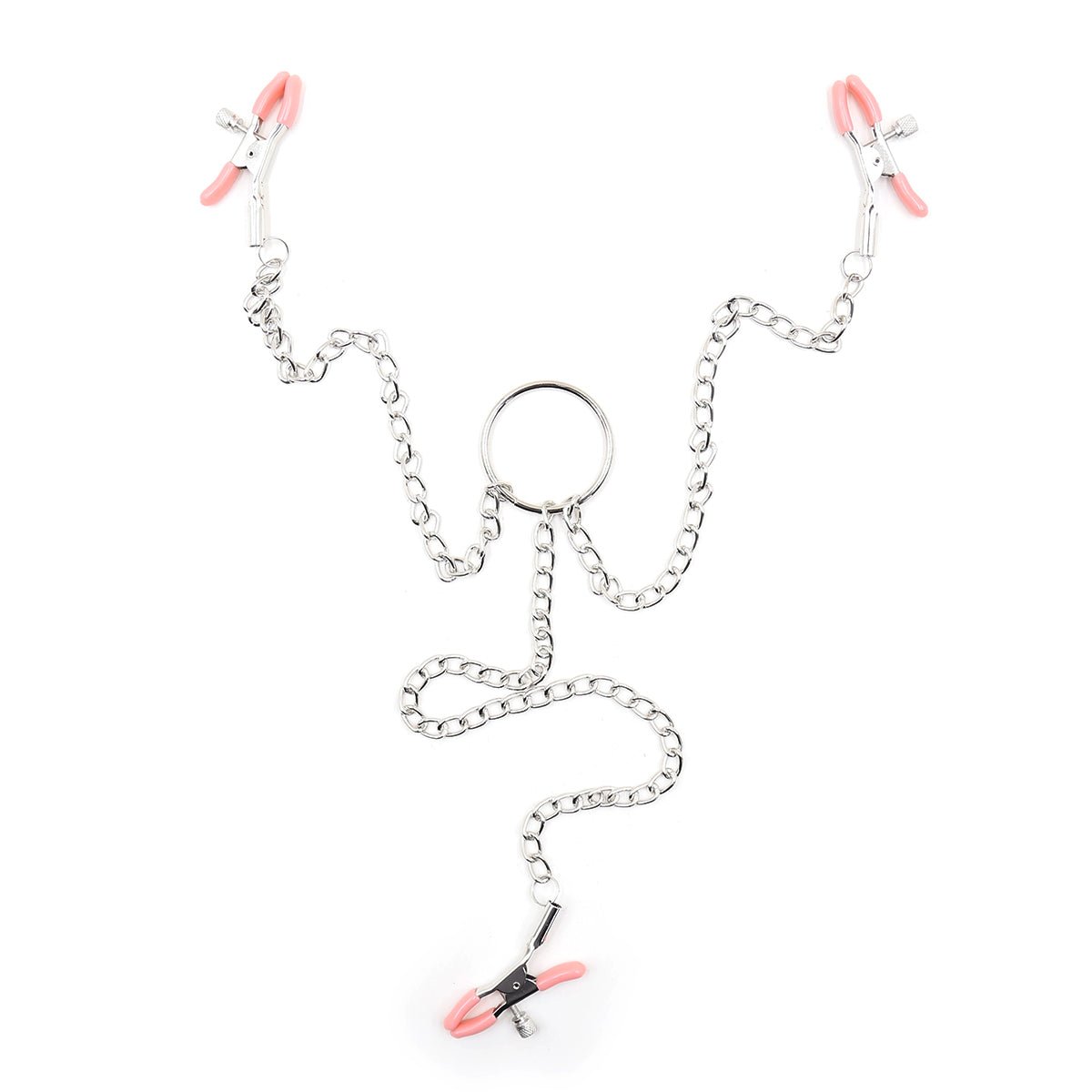 Triple Tease Chain Clamp Set - Nipple and Clit Adjustable Bondage Clamps - Peach Secrets